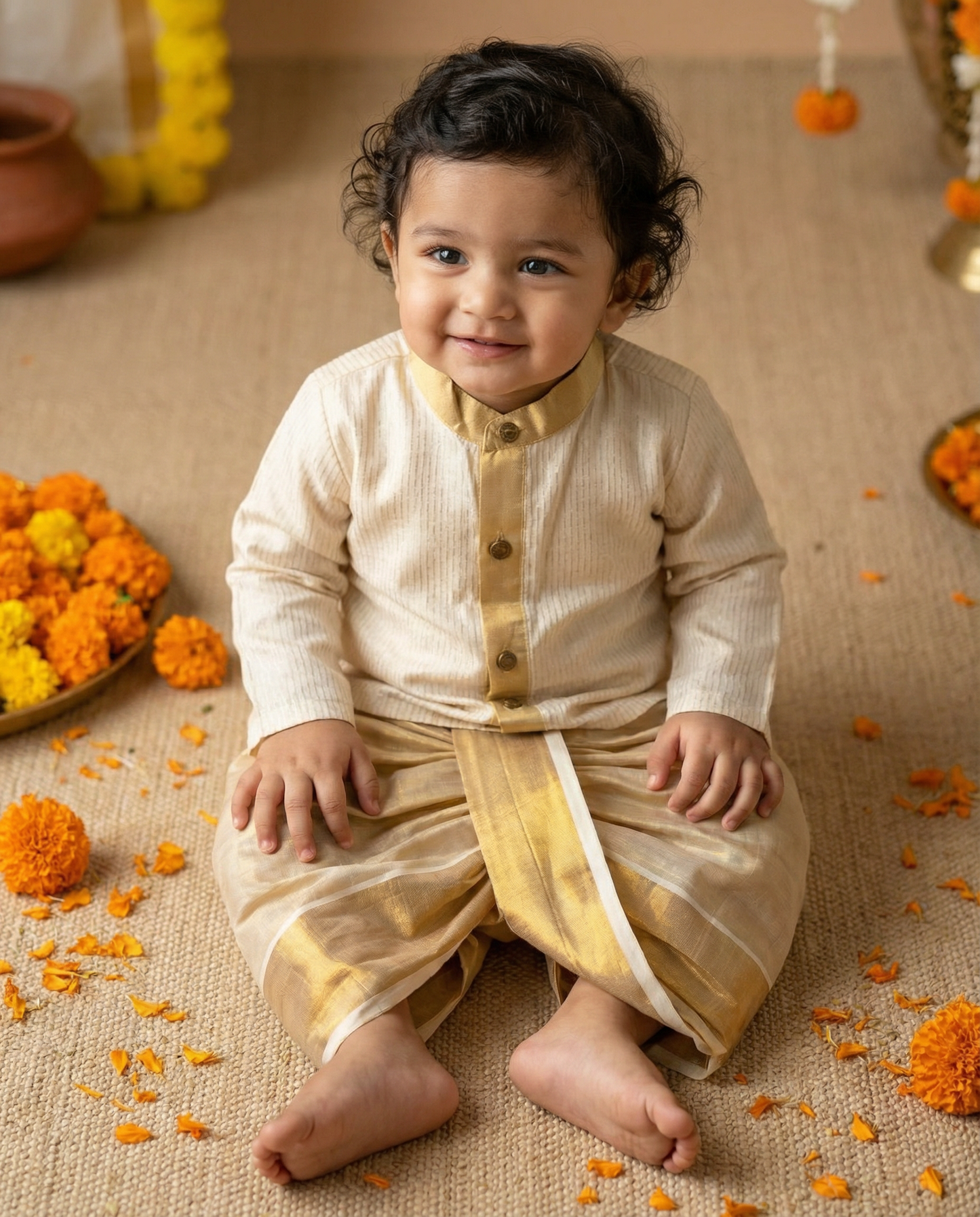 White with gold Kurta and Reshme Beige gold Dhoti for baby boy