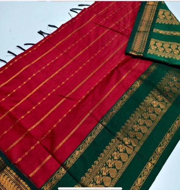 Red with bottle green - Premium Cotton Silk Saree with Contrast Blouse