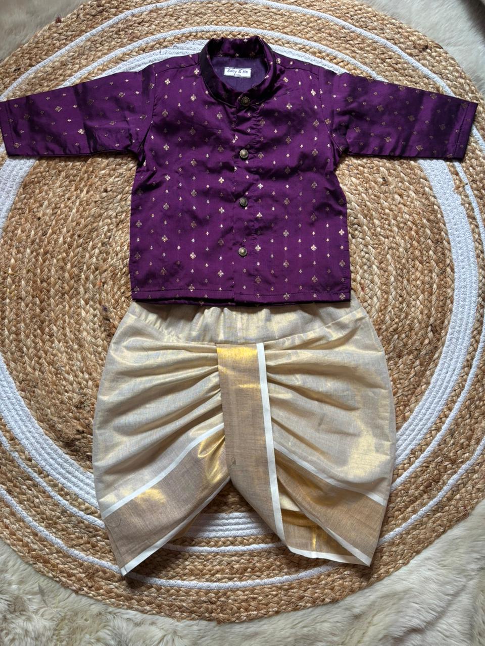 Dhoti Kurta for Baby Boy – Wine Semi-Silk Kurta & reshme beige gold Dhoti with Zari Border