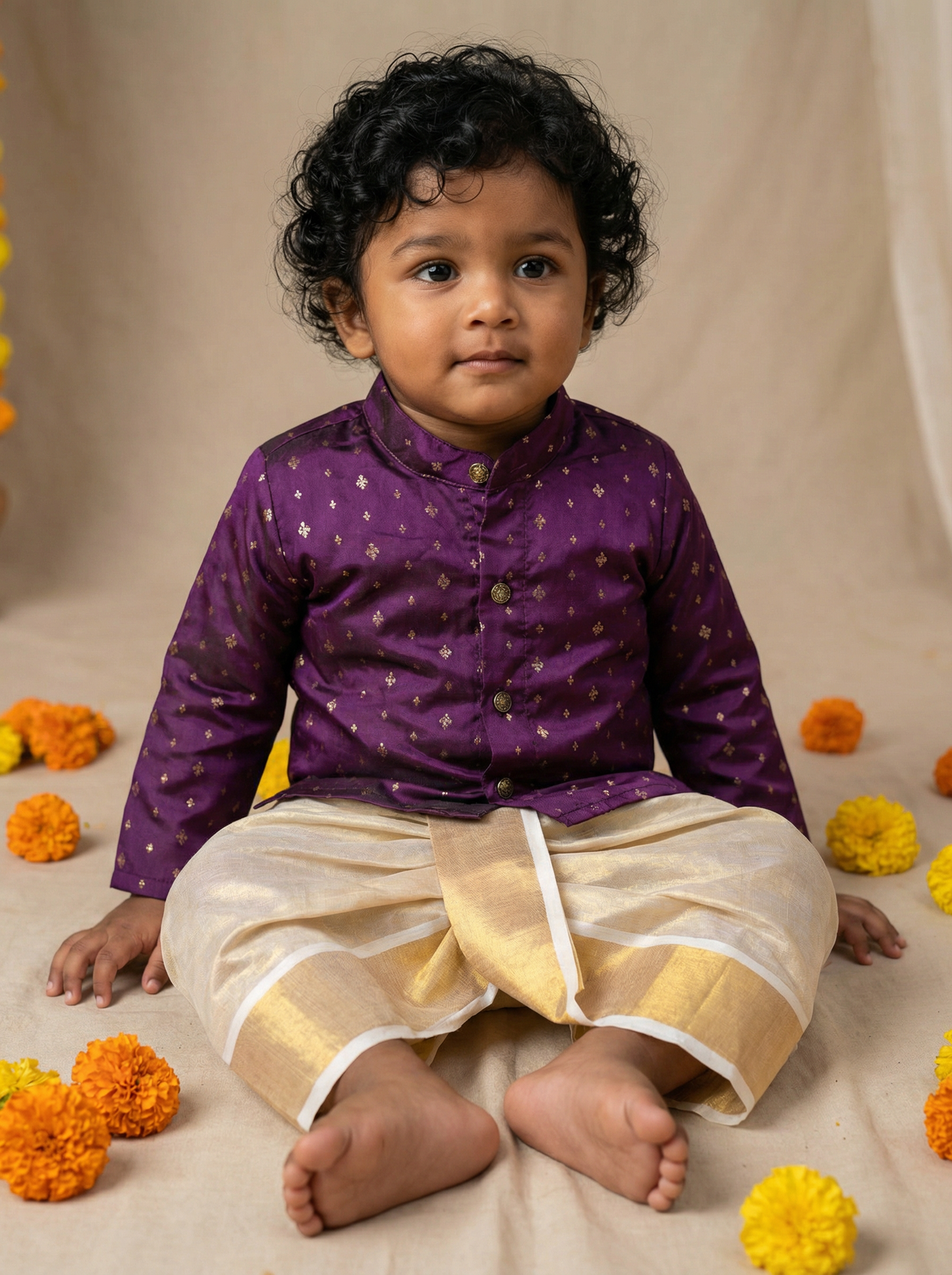 Dhoti Kurta for Baby Boy – Wine Semi-Silk Kurta & reshme beige gold Dhoti with Zari Border