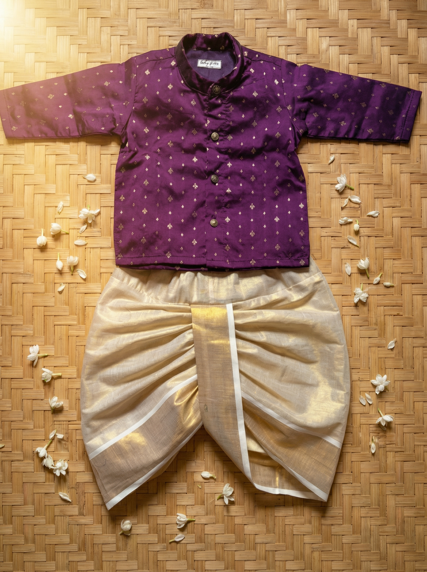 Dhoti Kurta for Baby Boy – Wine Semi-Silk Kurta & reshme beige gold Dhoti with Zari Border