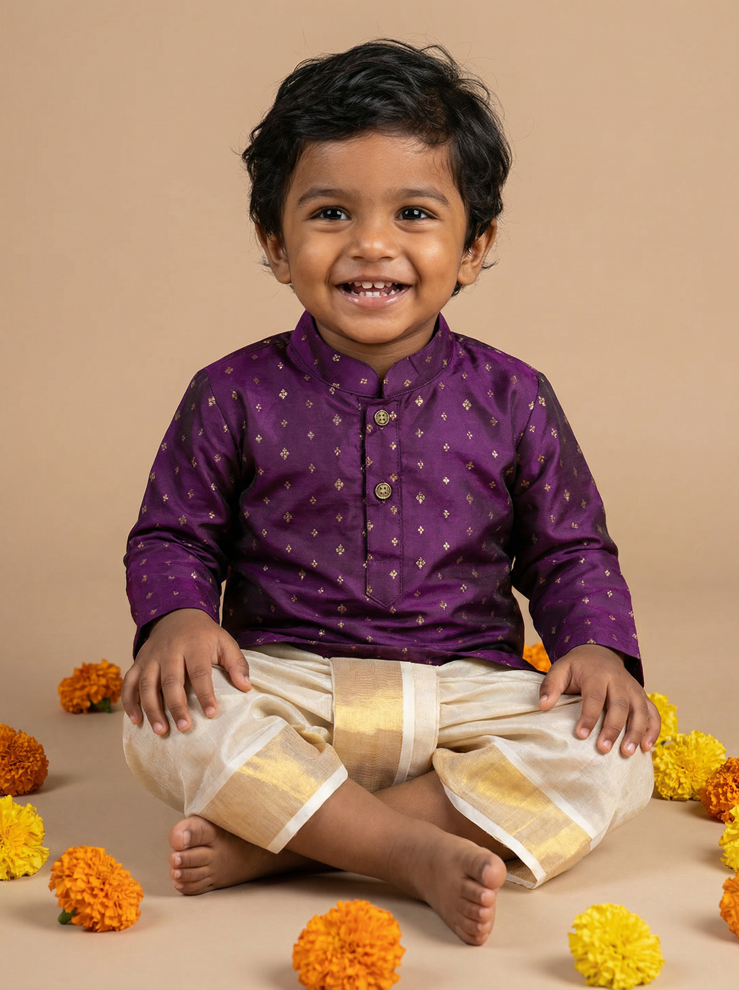 Dhoti Kurta for Baby Boy – Wine Semi-Silk Kurta & reshme beige gold Dhoti with Zari Border