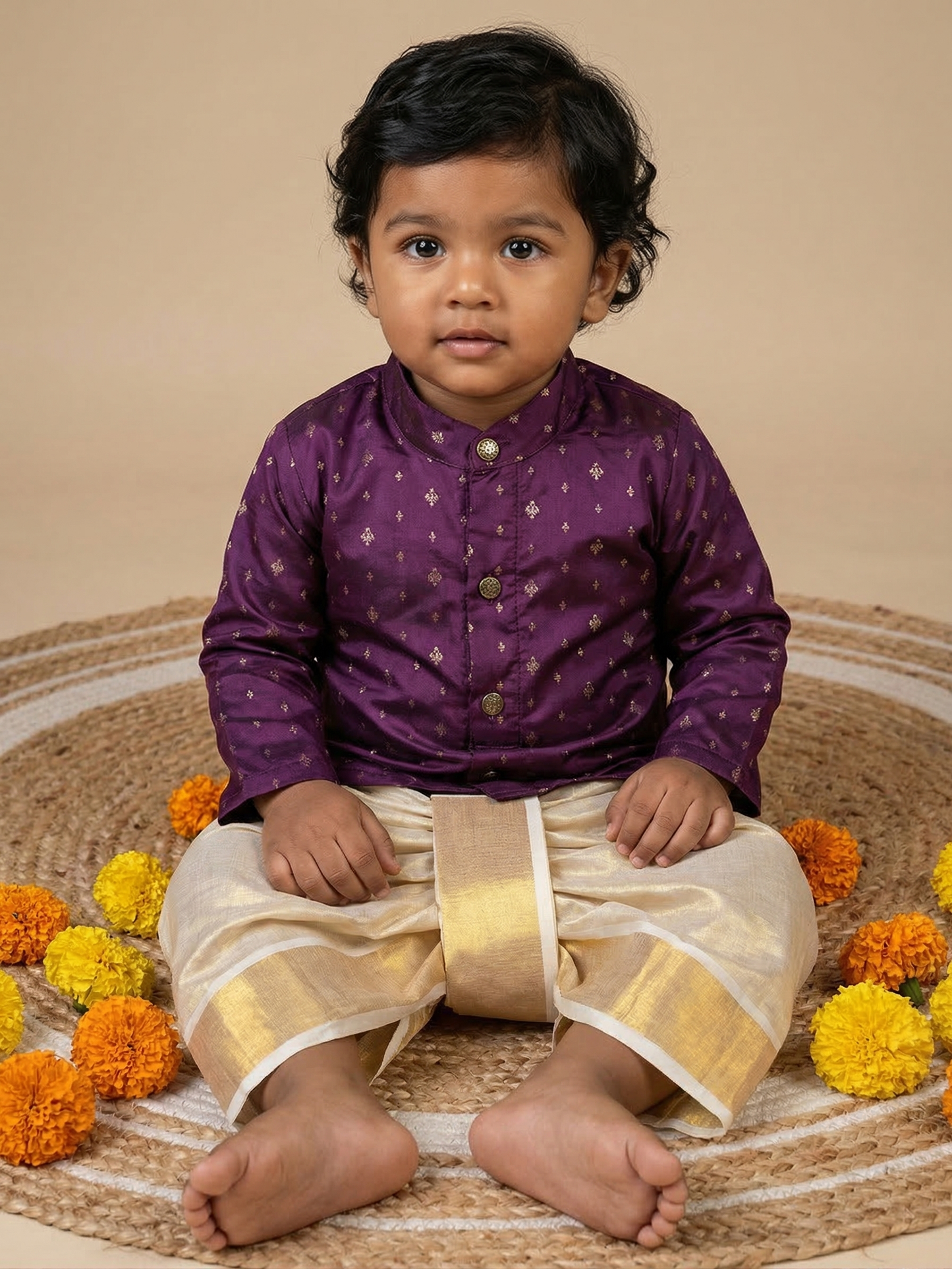 Dhoti Kurta for Baby Boy – Wine Semi-Silk Kurta & reshme beige gold Dhoti with Zari Border