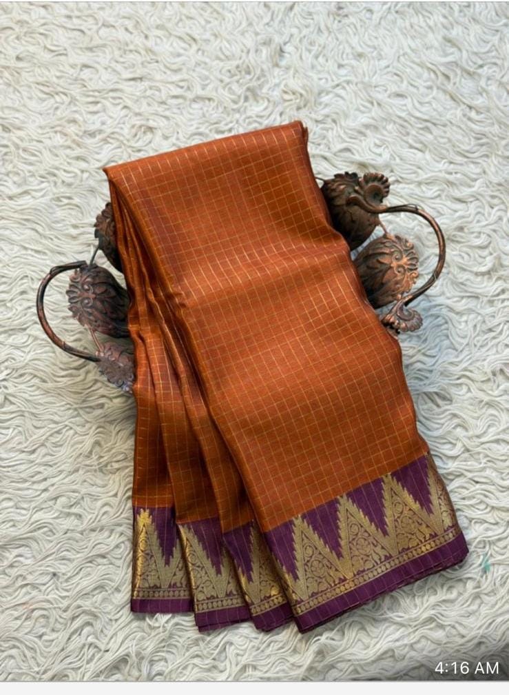 Orange checks with wine border - Premium Cotton Silk Saree with Contrast Blouse