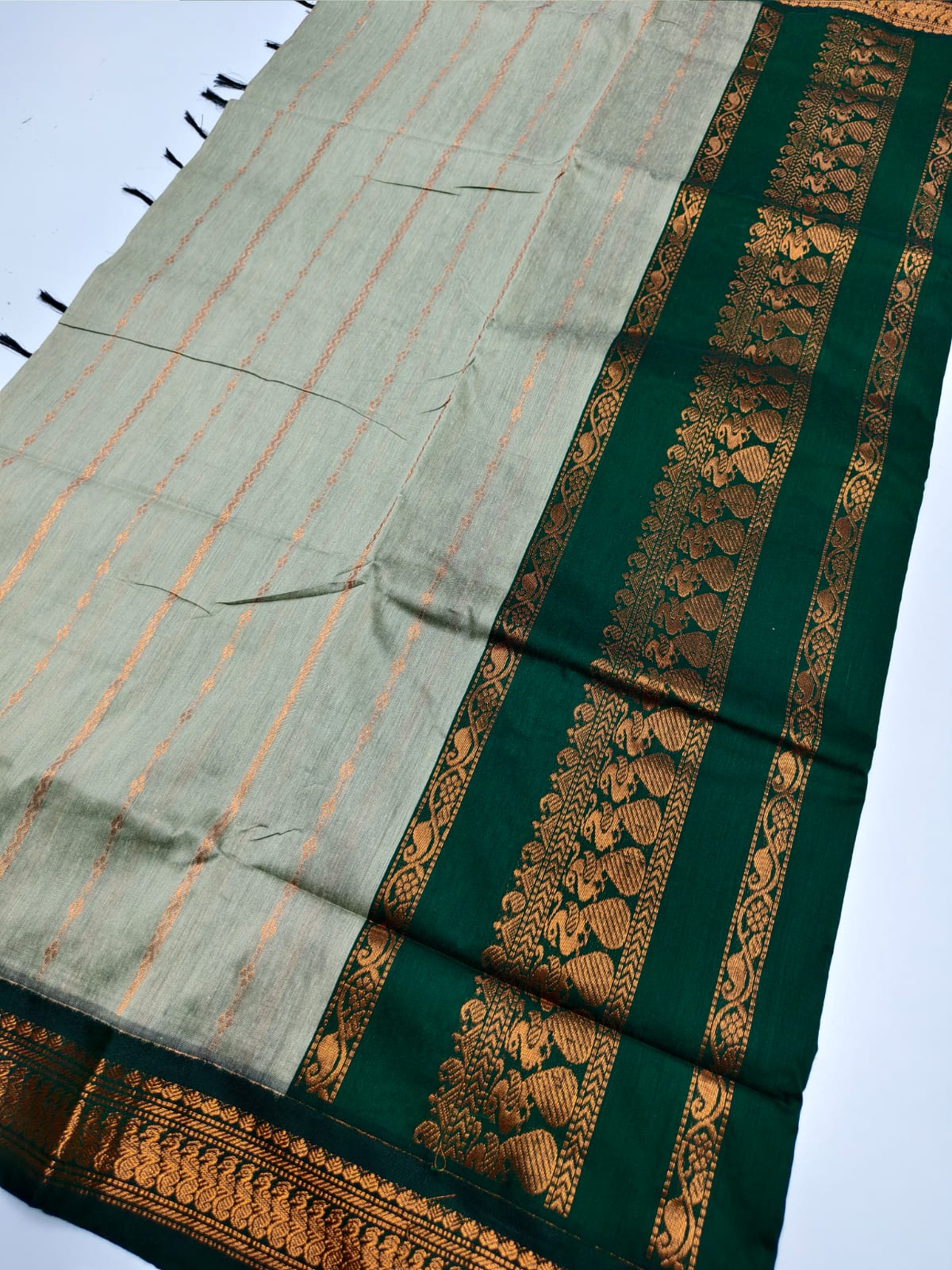 Light green with bottle green - Premium Cotton Silk Saree with Contrast Blouse