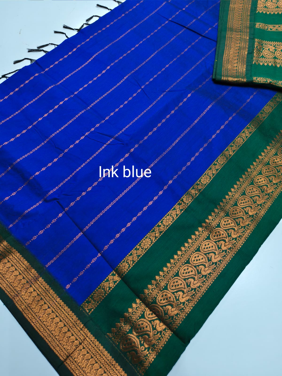 Ink blue with bottle green - Premium Cotton Silk Saree with Contrast Blouse