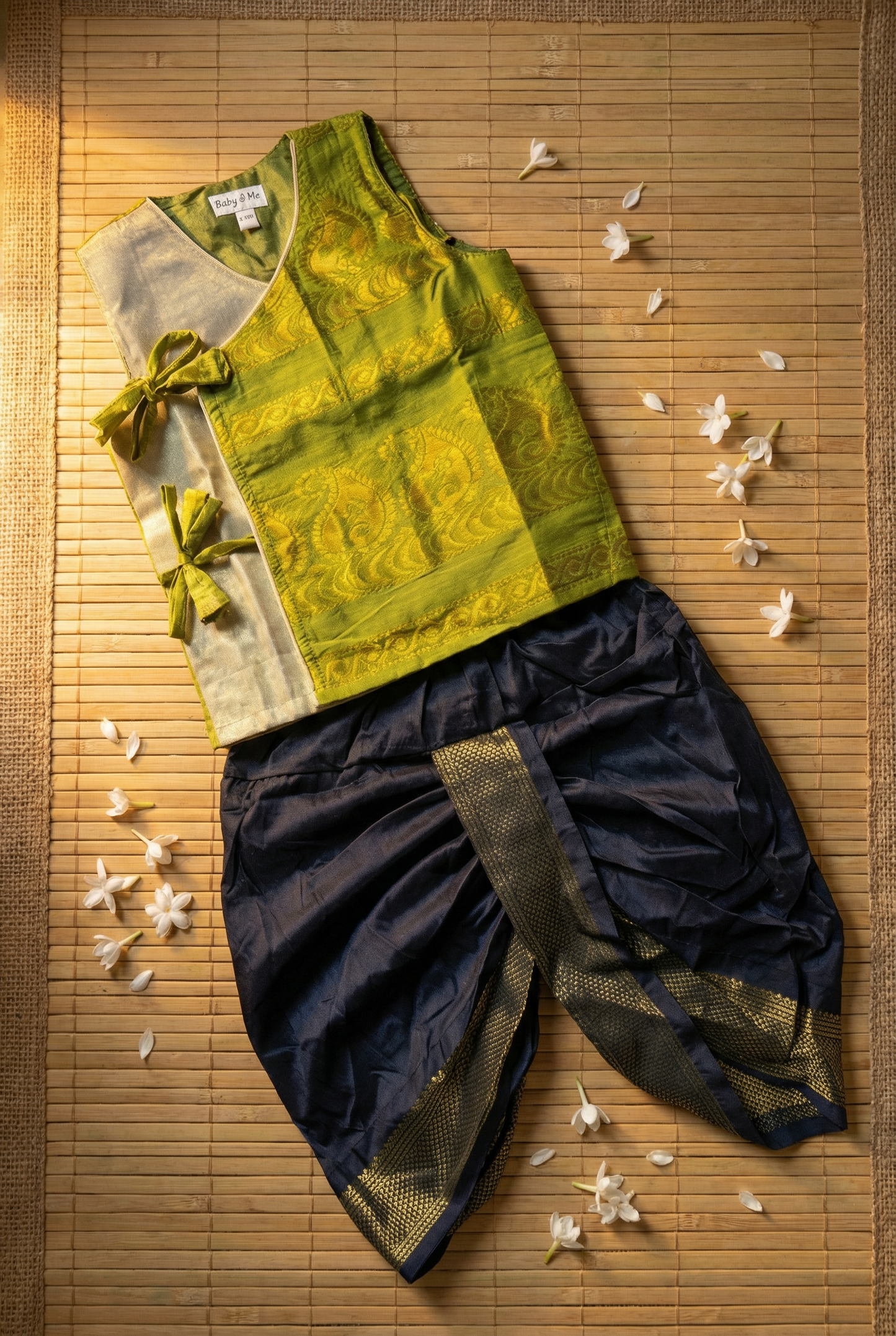 Parrot green Angrakha Kurta and Black dhoti for Baby Boy – Sleeveless Ethnic Wear