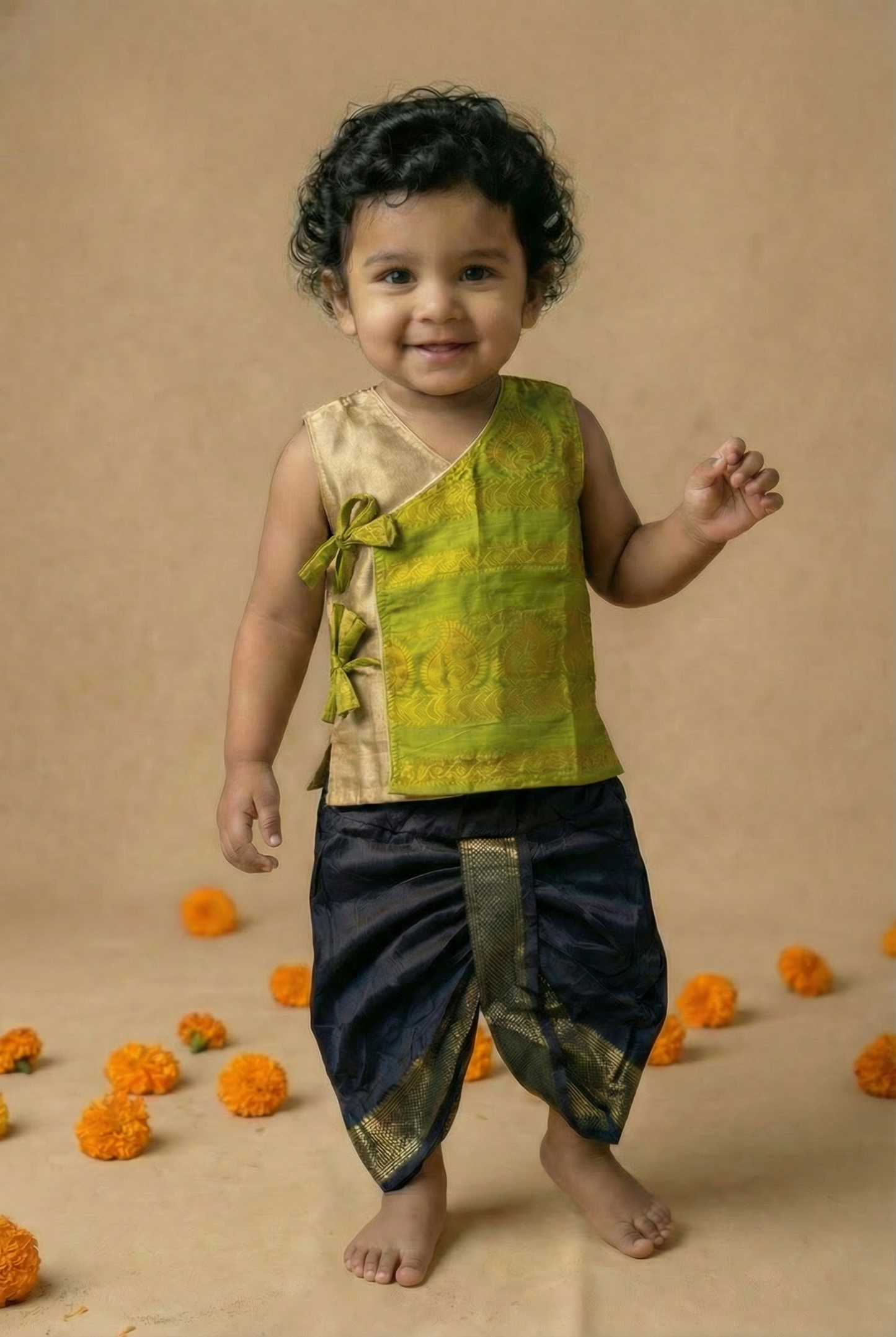 Parrot green Angrakha Kurta and Black dhoti for Baby Boy – Sleeveless Ethnic Wear