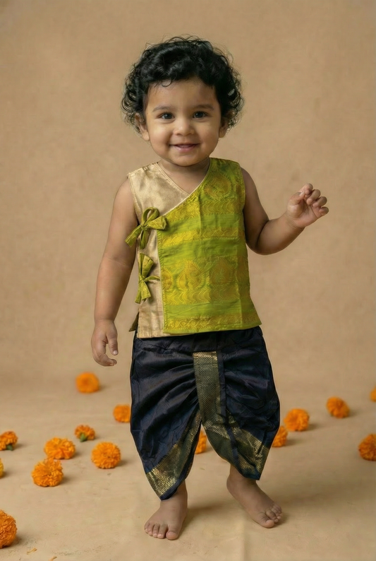 Parrot green Angrakha Kurta and Black dhoti for Baby Boy – Sleeveless Ethnic Wear