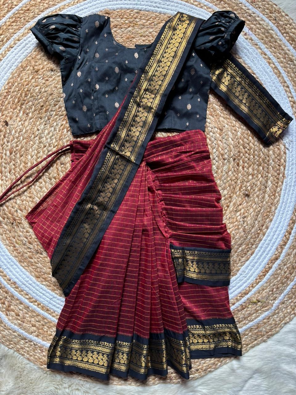 Maroon with checked black - Ready to wear saree for kids Ethnic wear for baby girl