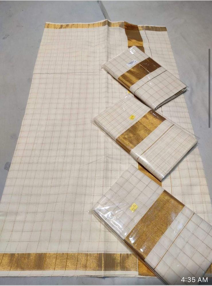 White checks with golden border - Premium Cotton Silk Saree with Contrast Blouse