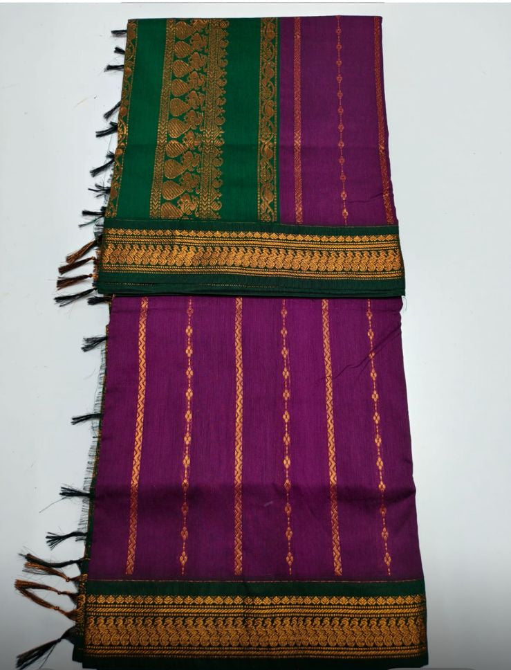Wine with bottle green - Premium Cotton Silk Saree with Contrast Blouse