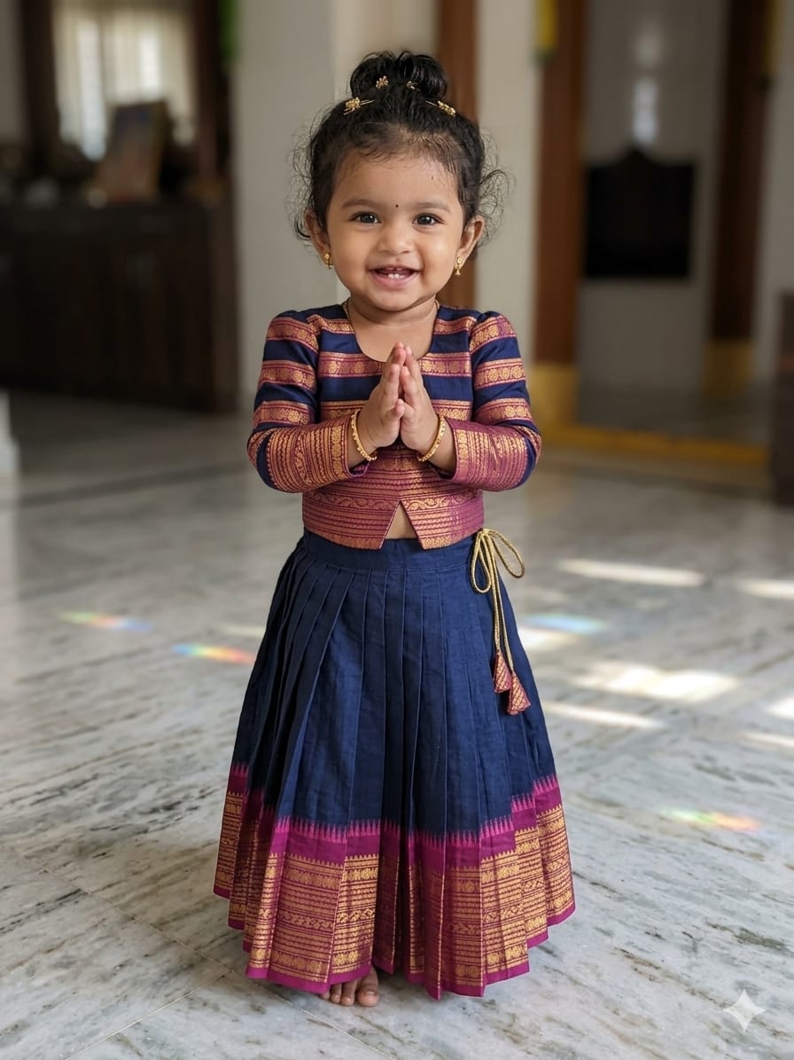 Royal blue with pink Kids Langa Blouse – Ethnic Lehenga Dress for Baby Girl