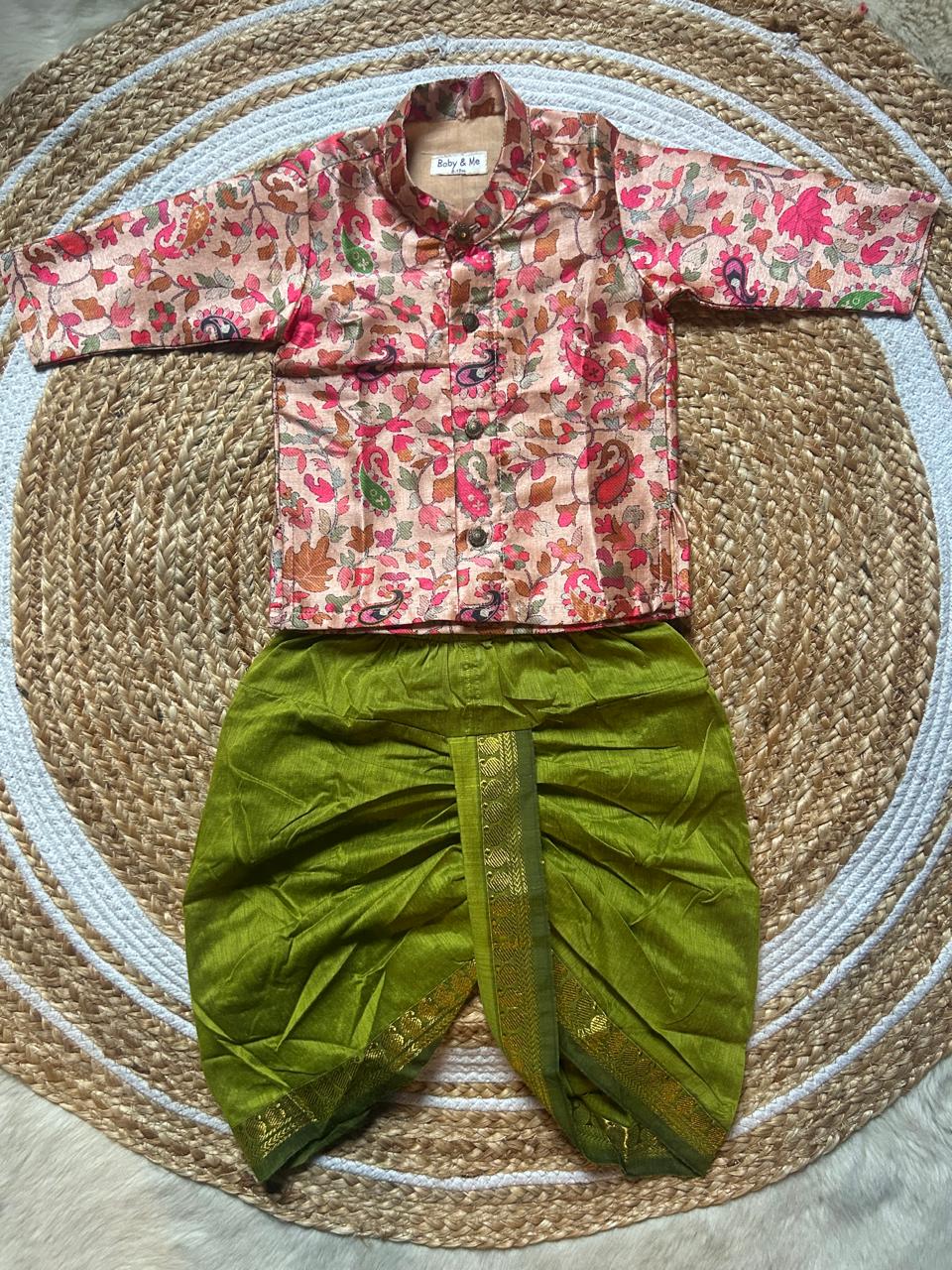 Traditional Indian Multi floral Autumn kurta with parrot green dhoti baby boy ethnic wear