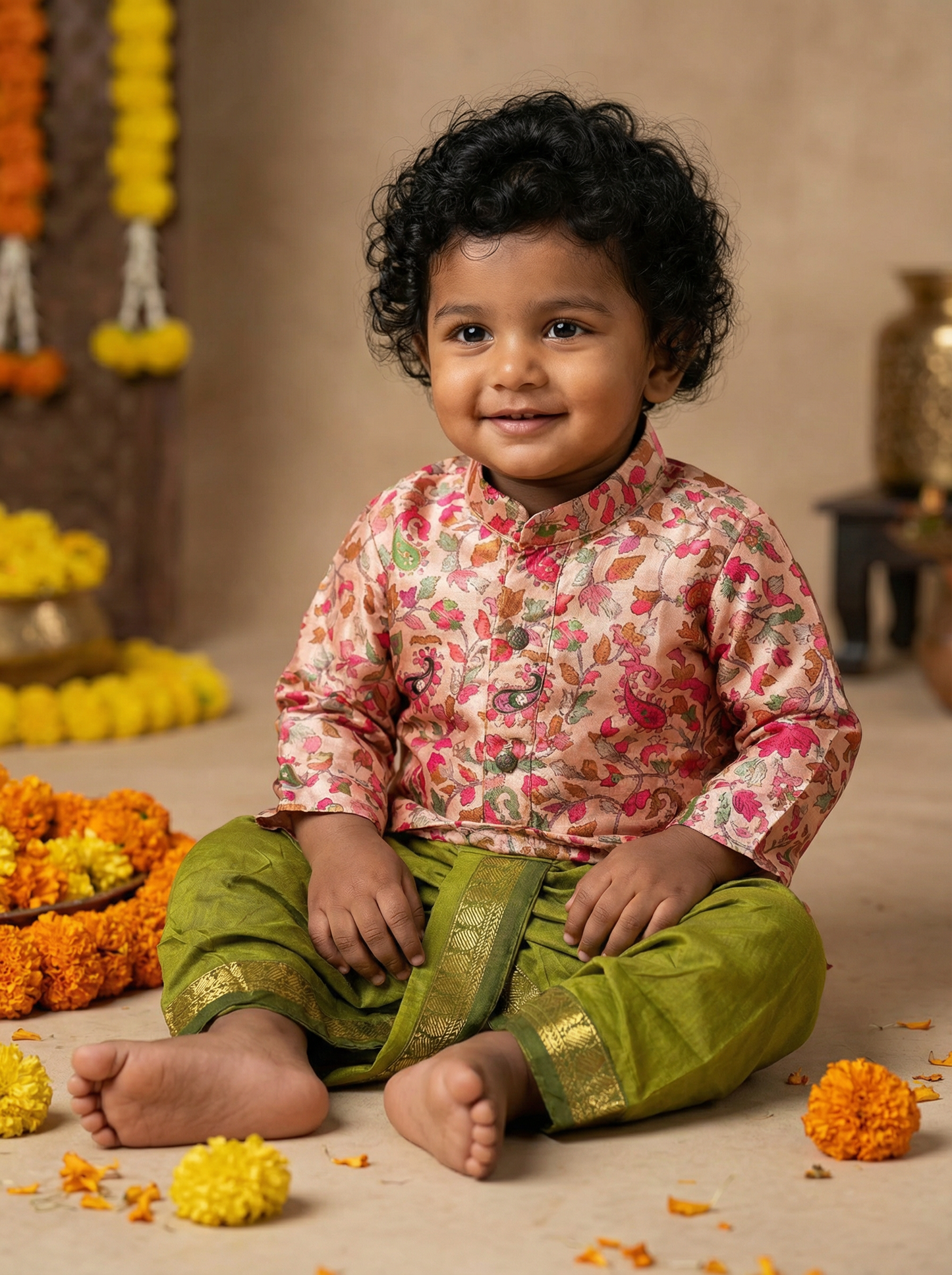 Traditional Indian Multi floral Autumn kurta with parrot green dhoti baby boy ethnic wear