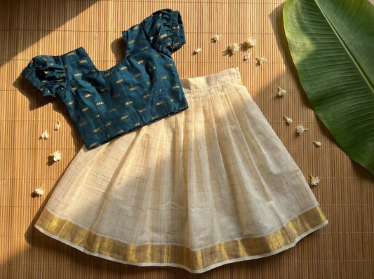 White checked with Gold border and Peacock green - south Indian ethnic wear langa blouse for baby girl