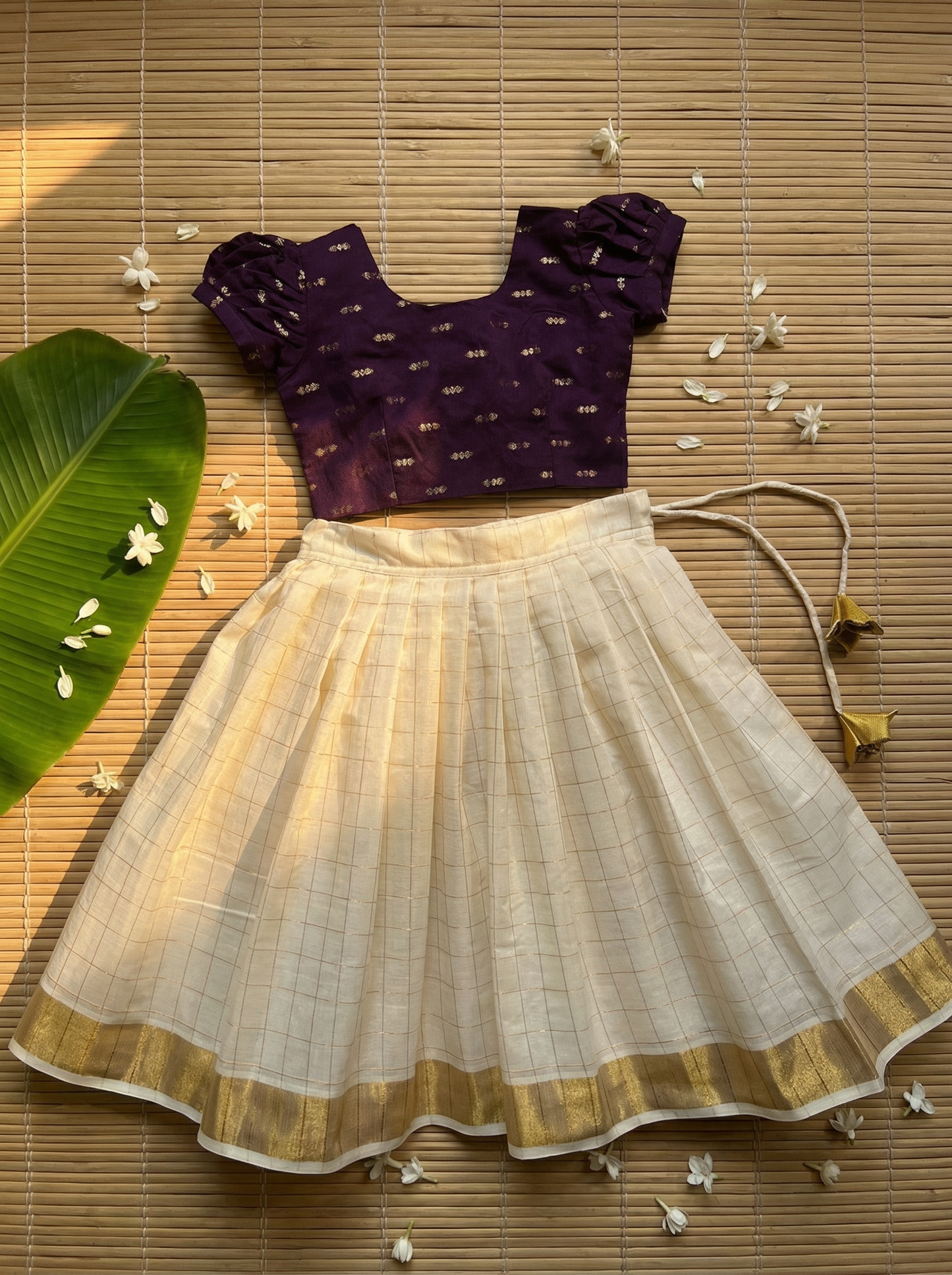 White checked with Gold border and wine  - south Indian ethnic wear langa blouse for baby girl