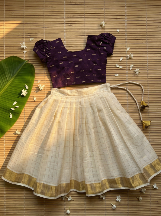 White checked with Gold border and wine  - south Indian ethnic wear langa blouse for baby girl