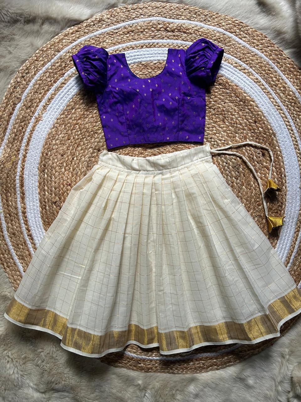 White checked with Gold border and  Violet - south Indian ethnic wear langa blouse for baby girl