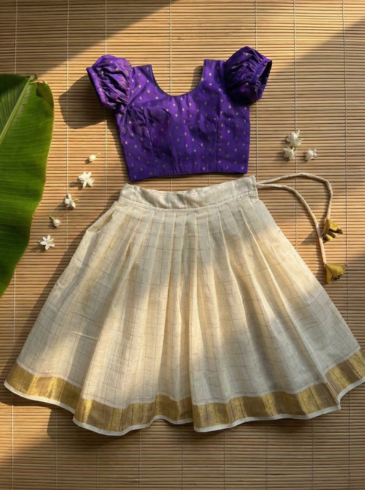 White checked with Gold border and  Violet - south Indian ethnic wear langa blouse for baby girl
