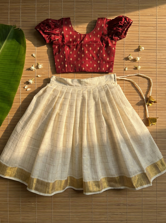 White checked with Gold border and Maroon  - south Indian ethnic wear langa blouse for baby girl