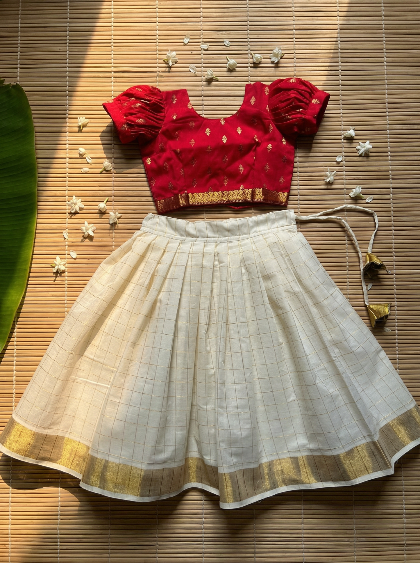 White checked with Gold border and Red - south Indian ethnic wear langa blouse for baby girl