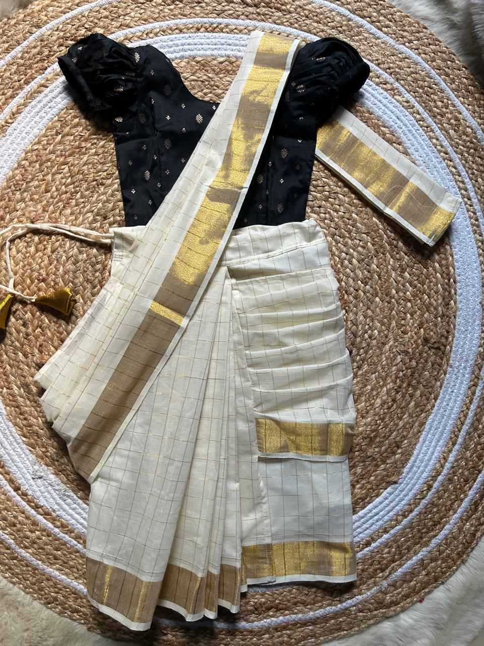 White checked with Gold border and Black  - Ready to wear saree for kids Ethnic wear for baby girl