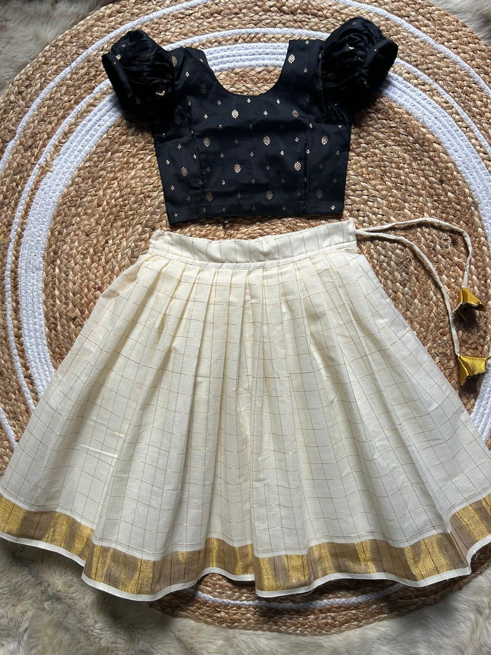 White checked with Gold border and Black - south Indian ethnic wear langa blouse for baby girl