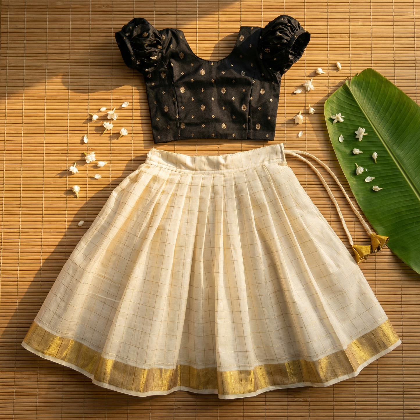 White checked with Gold border and Black - south Indian ethnic wear langa blouse for baby girl