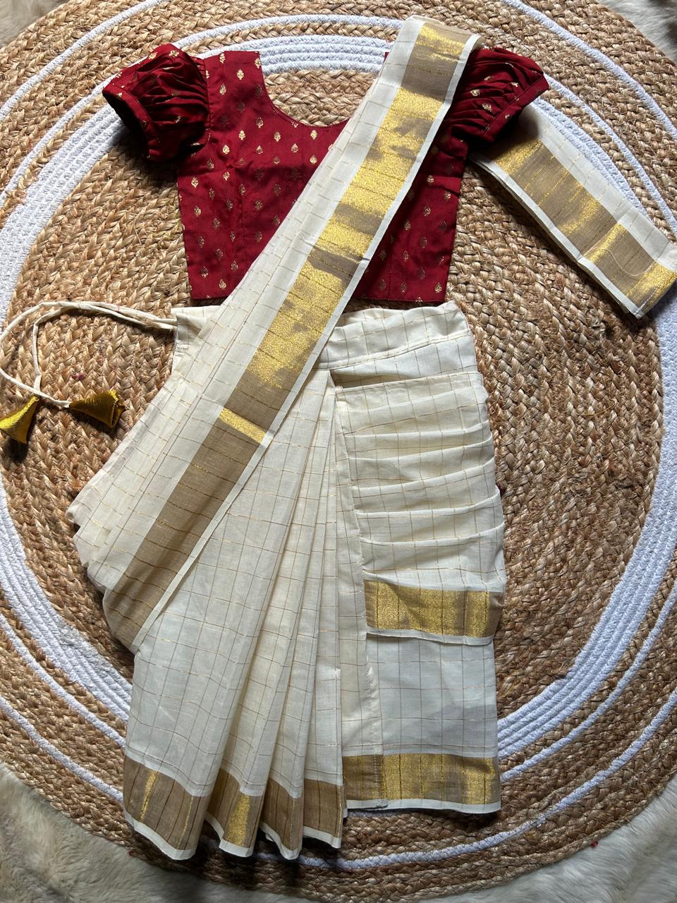 White checked with Gold border and Maroon  - Ready to wear saree for kids Ethnic wear for baby girl