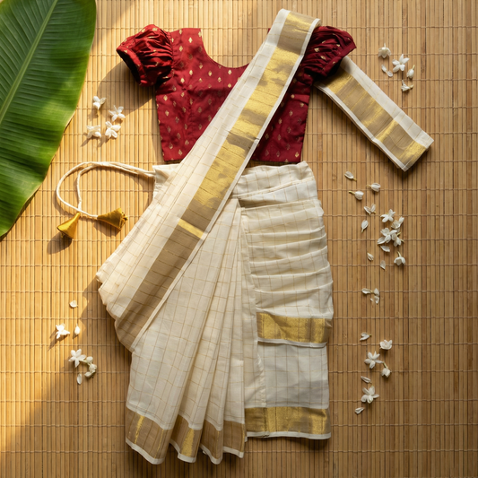 White checked with Gold border and Maroon  - Ready to wear saree for kids Ethnic wear for baby girl