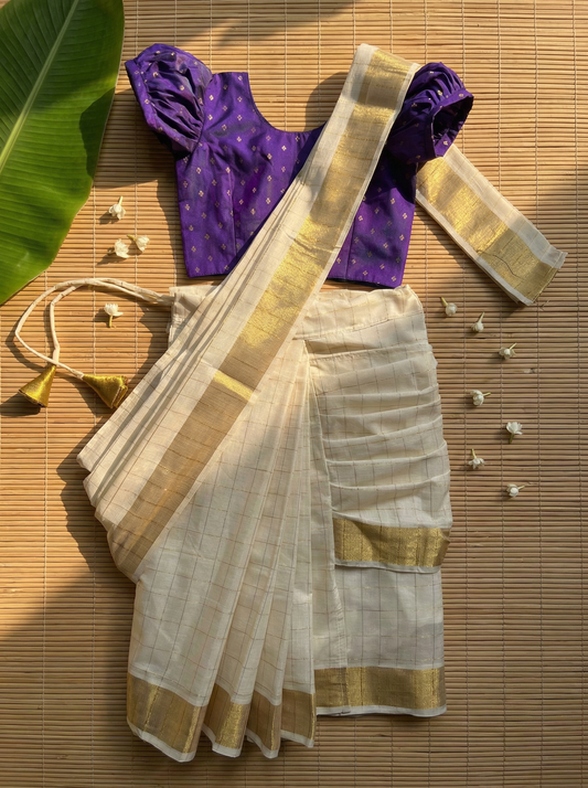 White checked with Gold border and Violet  - Ready to wear saree for kids Ethnic wear for baby girl