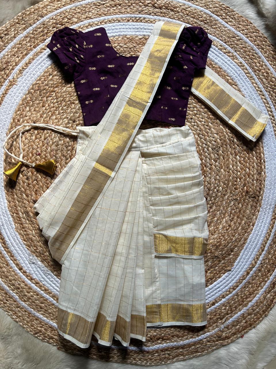 White checked with Gold border and Wine - Ready to wear saree for kids Ethnic wear for baby girl