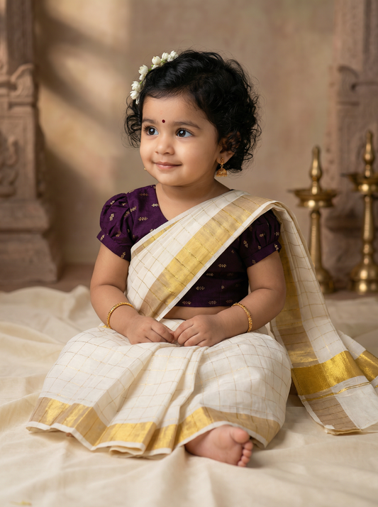 White checked with Gold border and Wine - Ready to wear saree for kids Ethnic wear for baby girl