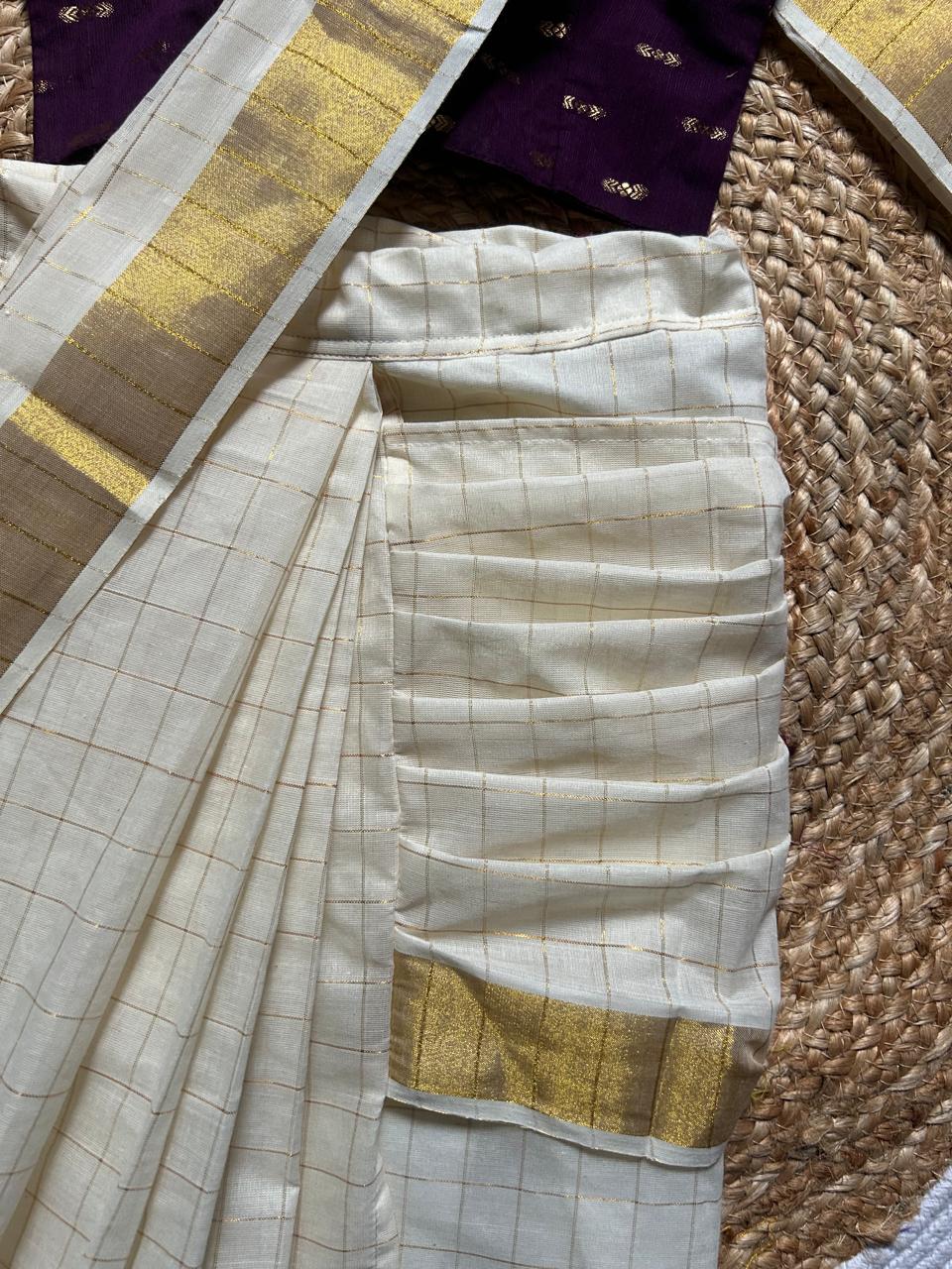White checked with Gold border and Wine - Ready to wear saree for kids Ethnic wear for baby girl