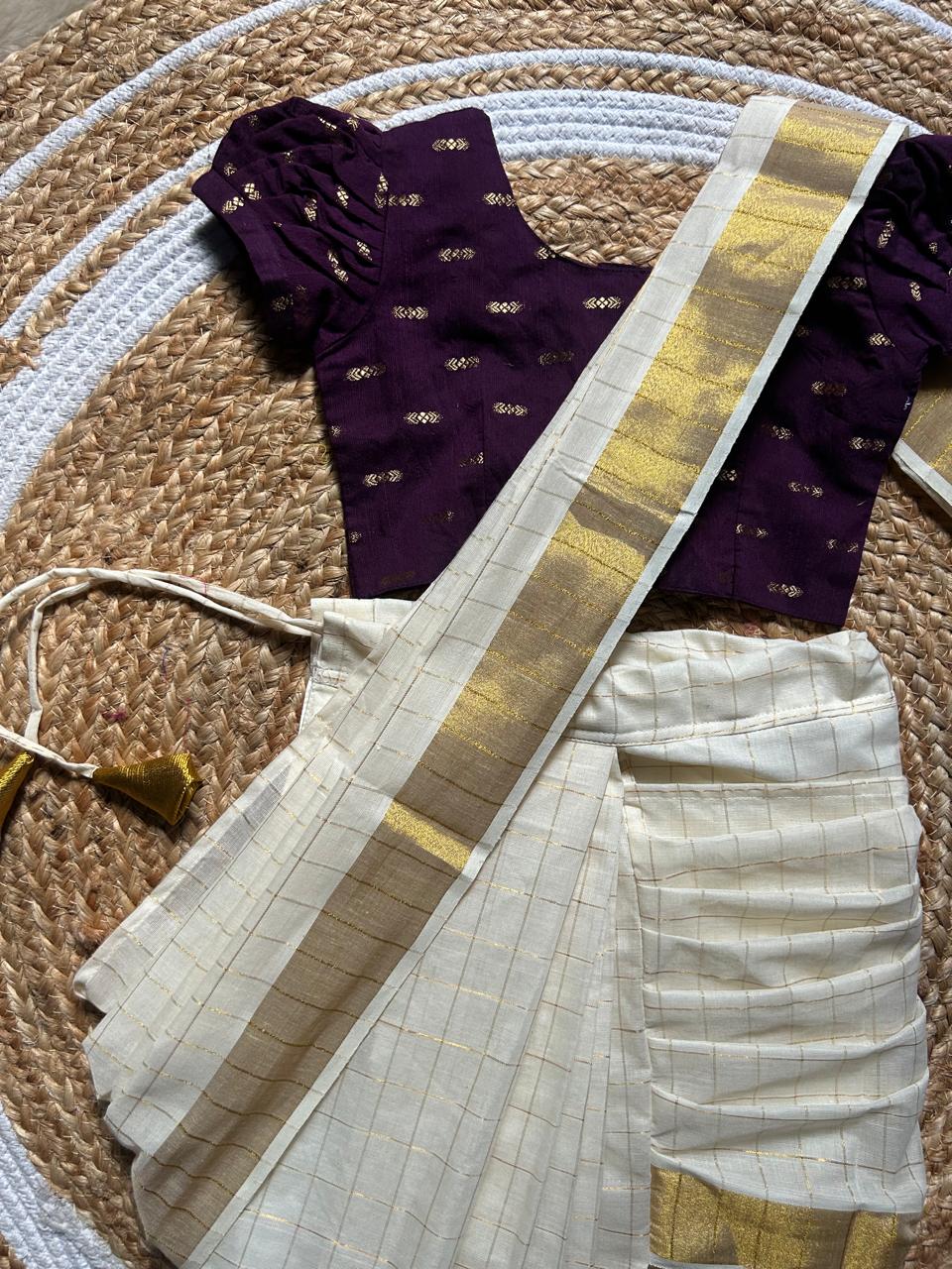 White checked with Gold border and Wine - Ready to wear saree for kids Ethnic wear for baby girl