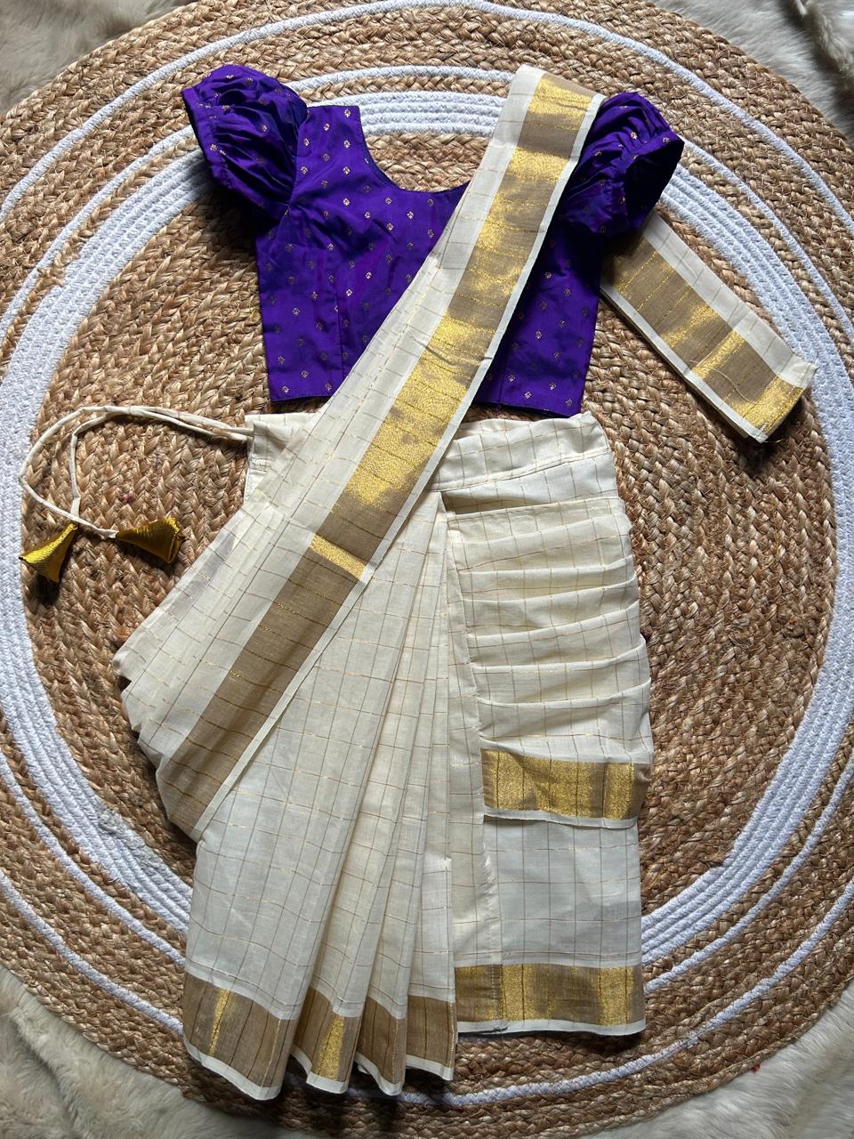 White checked with Gold border and Violet  - Ready to wear saree for kids Ethnic wear for baby girl