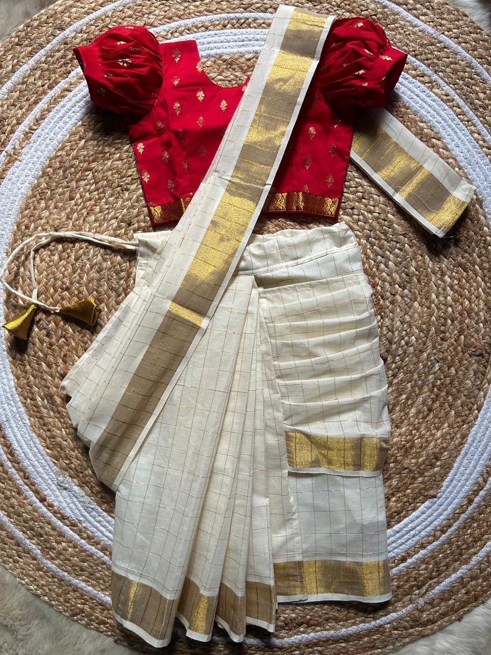 White checked with Gold border and red - Ready to wear saree for kids Ethnic wear for baby girl