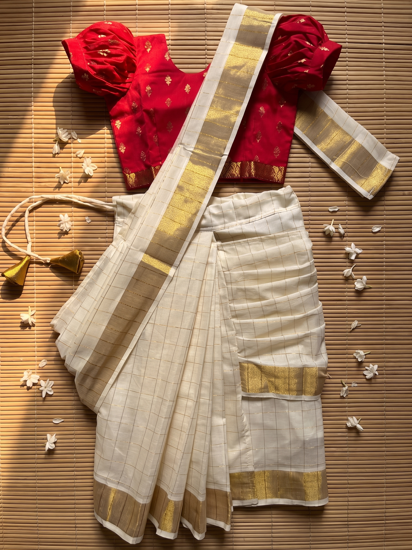 White checked with Gold border and red - Ready to wear saree for kids Ethnic wear for baby girl