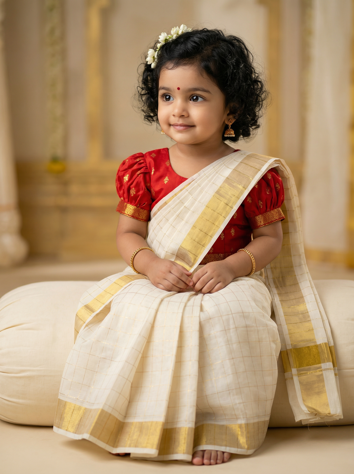 White checked with Gold border and red - Ready to wear saree for kids Ethnic wear for baby girl