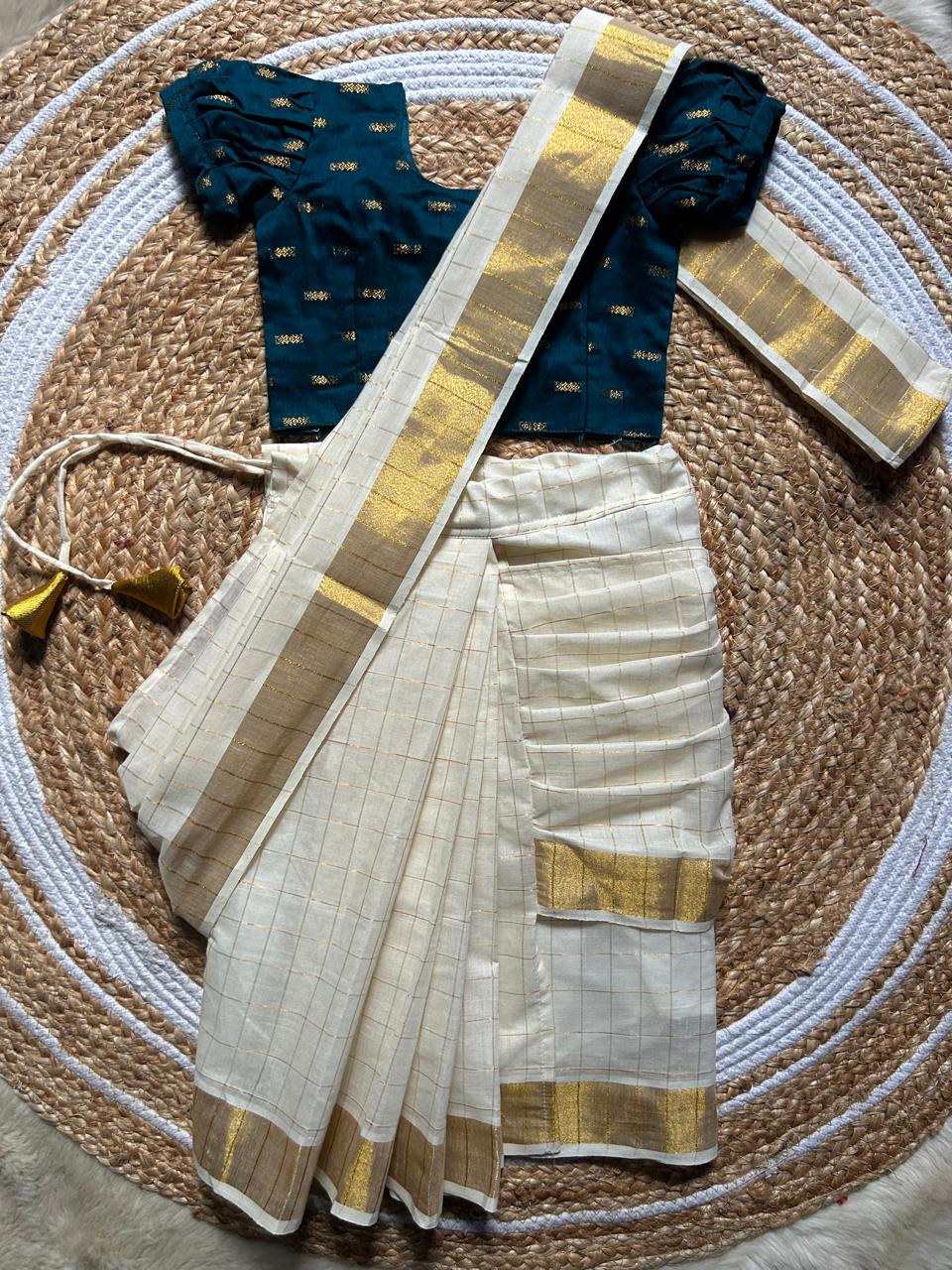 White checked with Gold border and peacock green - Ready to wear saree for kids Ethnic wear for baby girl