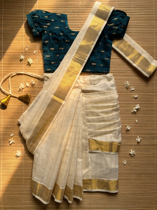 White checked with Gold border and peacock green - Ready to wear saree for kids Ethnic wear for baby girl