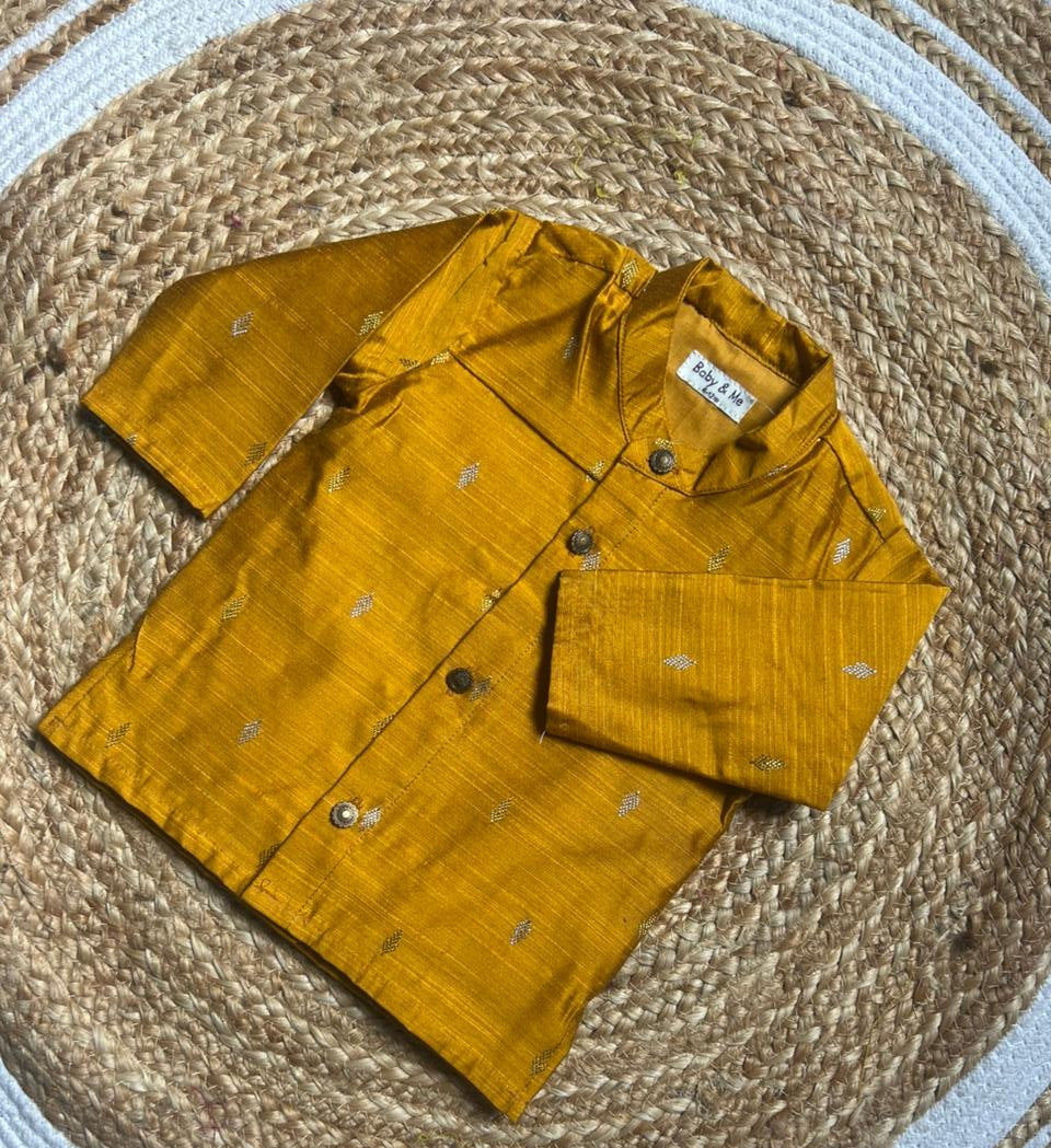 Golden yellow zari weave traditional Kurta for baby boy ethnic top wear