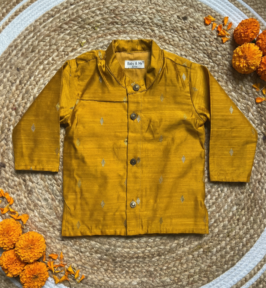 Golden yellow zari weave traditional Kurta for baby boy ethnic top wear