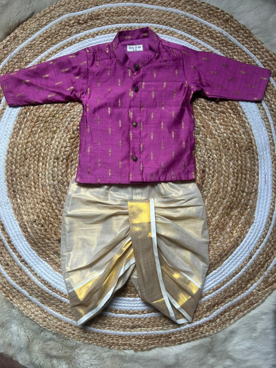 Classy pink kurta and Gold Dhoti for Boys – Traditional Ethnic Wear for Baby Boy