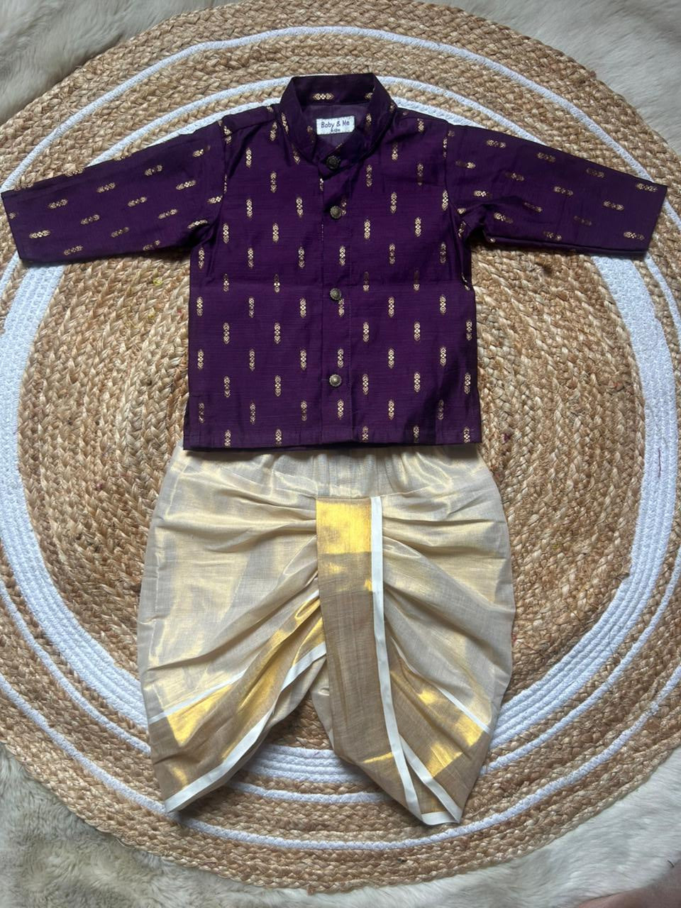 Dark Wine kurta and Gold Dhoti for Boys – Traditional Ethnic Wear for Baby Boy