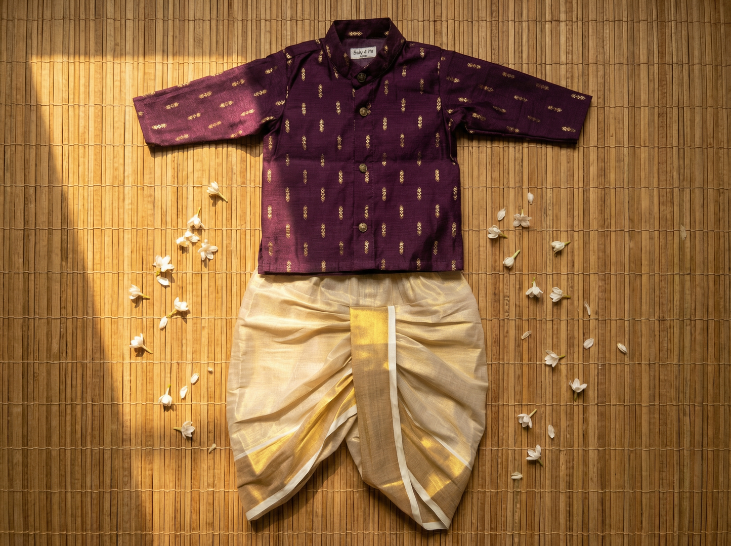 Dark Wine kurta and Gold Dhoti for Boys – Traditional Ethnic Wear for Baby Boy