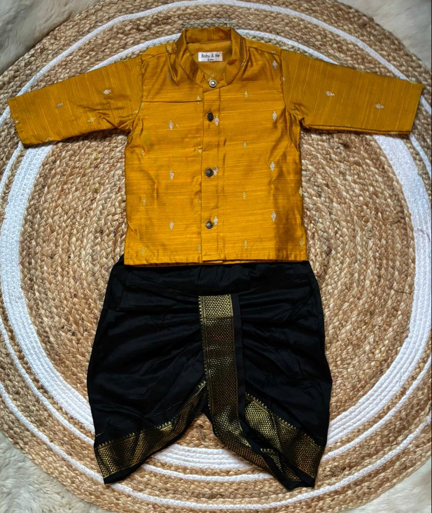 Golden yellow kurta and Black Dhoti for Boys – Traditional Ethnic Wear for Baby Boy
