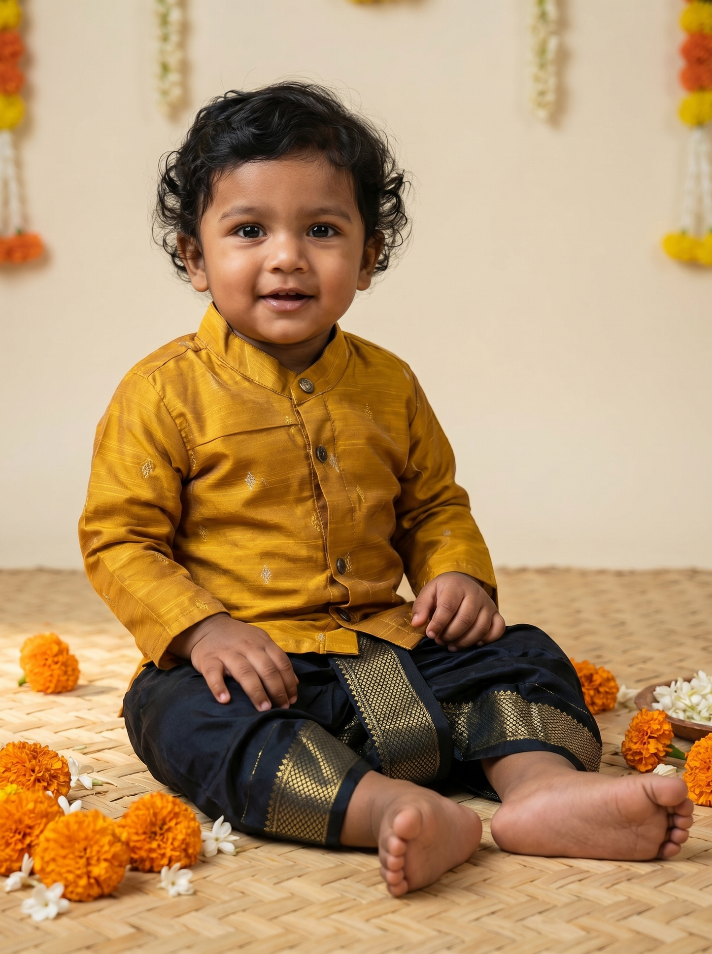 Golden yellow kurta and Black Dhoti for Boys – Traditional Ethnic Wear for Baby Boy