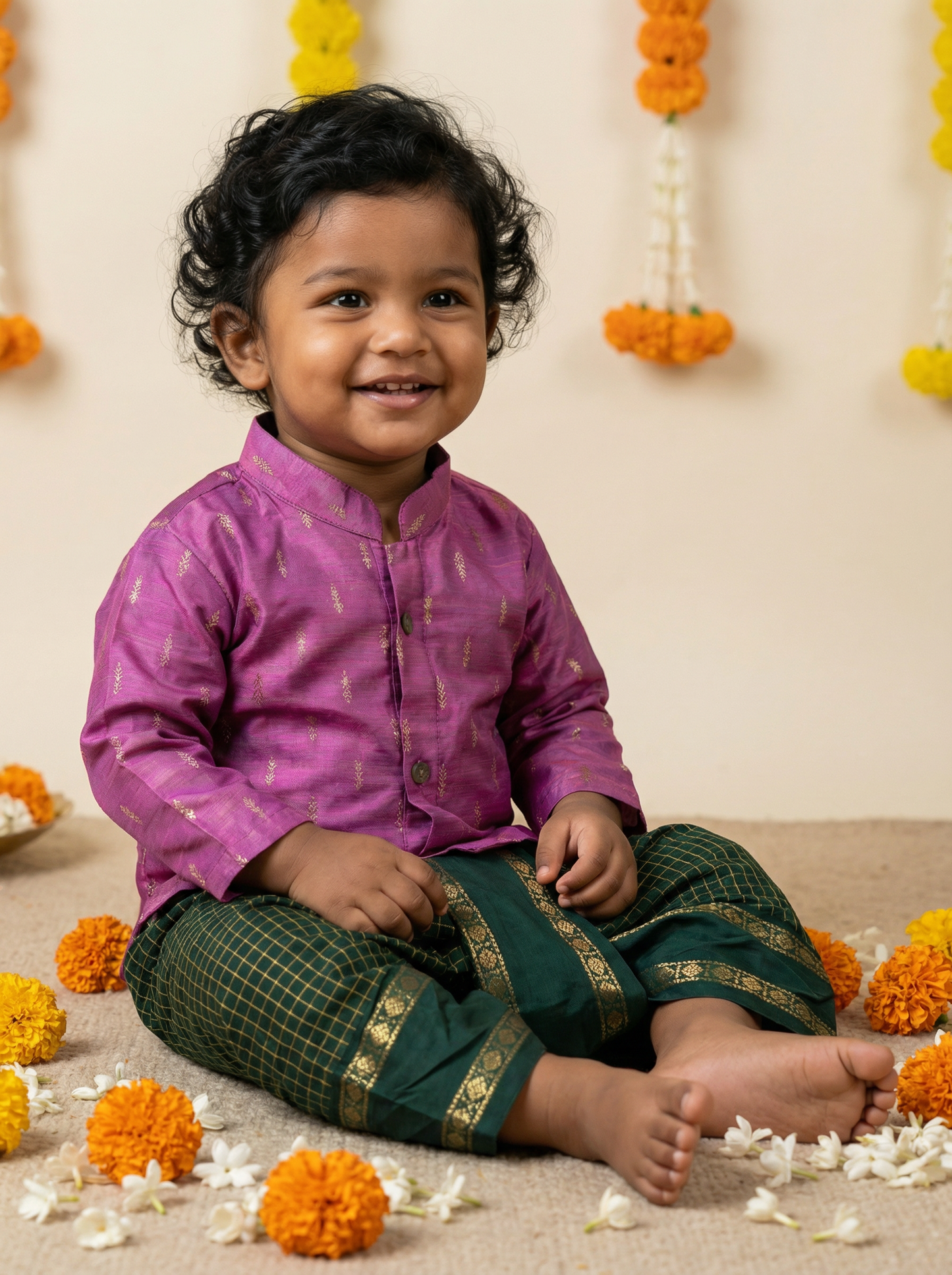 Rose pink kurta and bottle green checked Dhoti for Boys – Traditional Ethnic Wear for Baby Boy